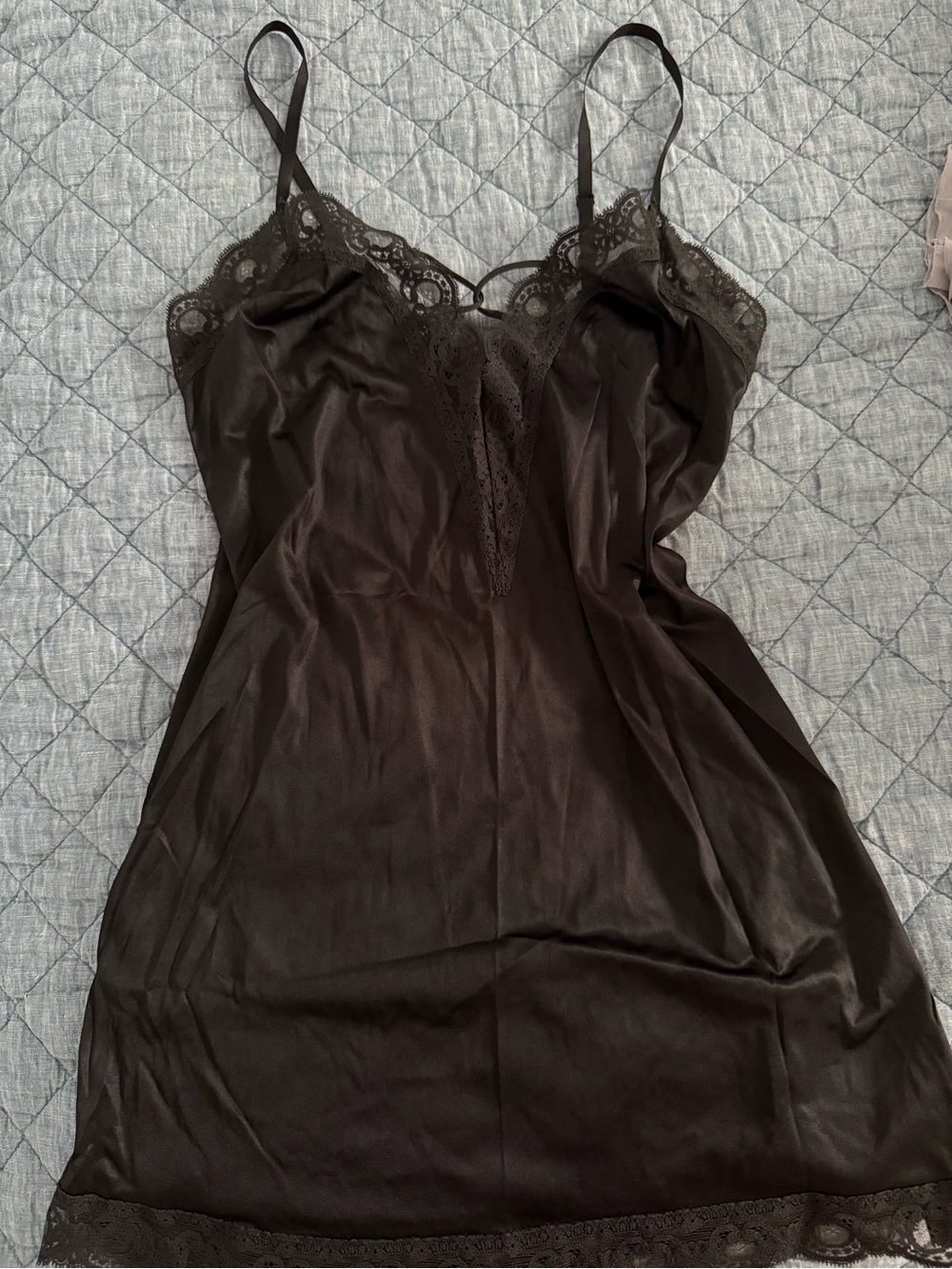 Black Satin Lace-Trim Chemise Slip with Adjustable Straps